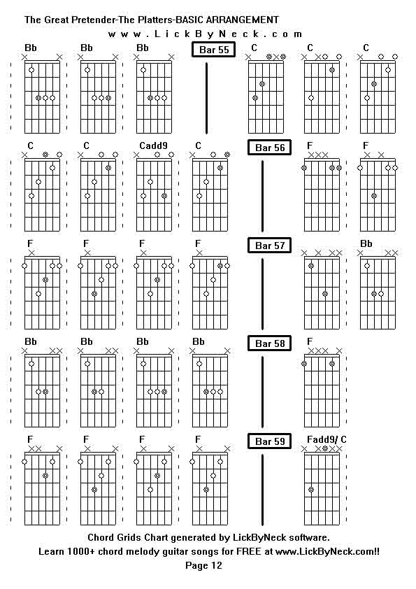 Chord Grids Chart of chord melody fingerstyle guitar song-The Great Pretender-The Platters-BASIC ARRANGEMENT,generated by LickByNeck software.